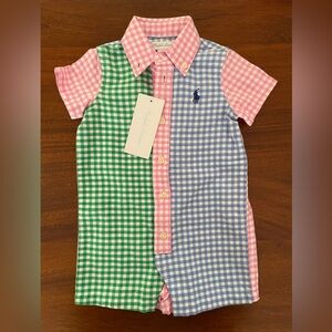 NWT - Ralph Lauren Baby Boys Gingham Cotton Oxford Fun Shortall - Size 3M